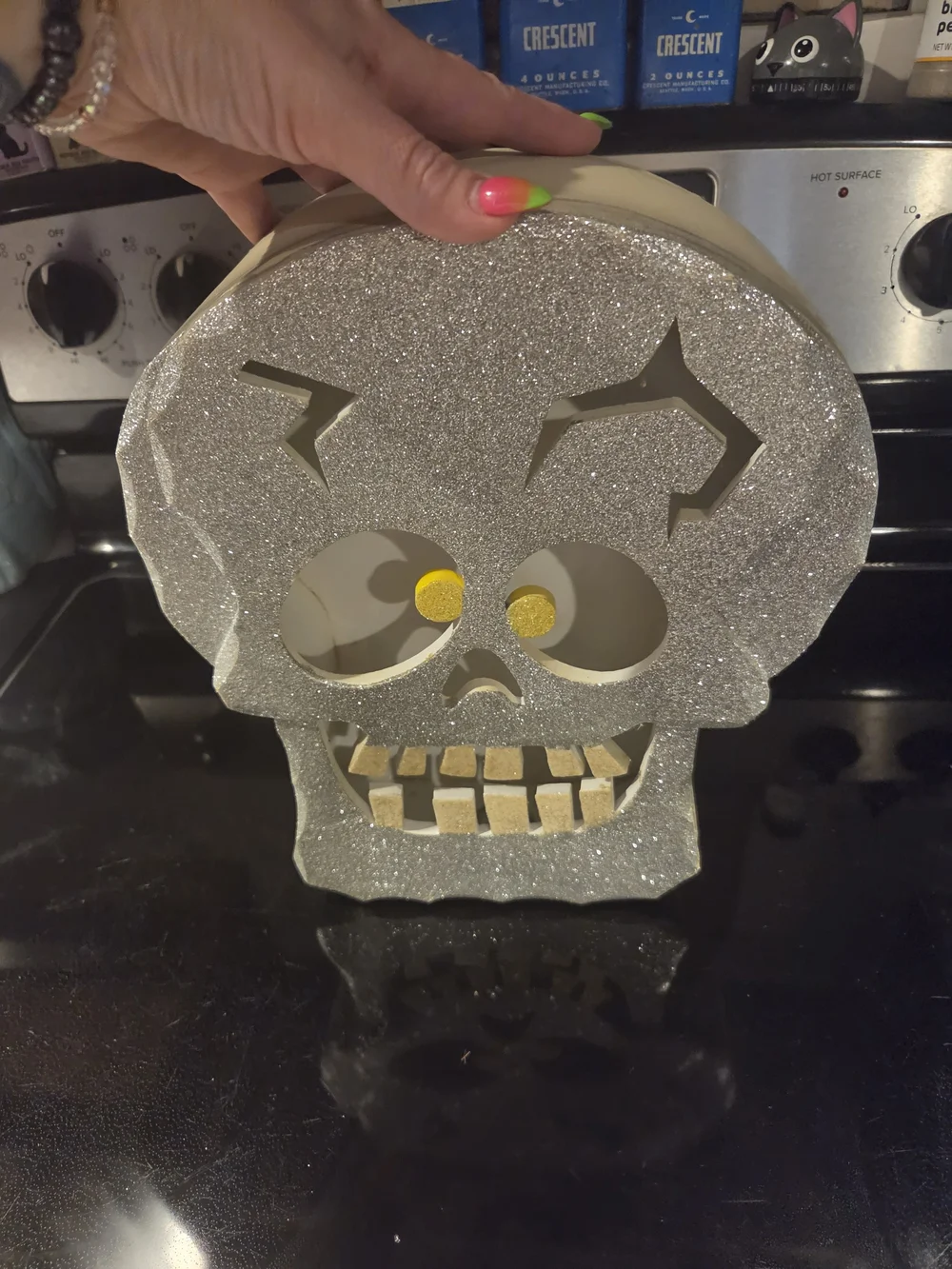 Glitter Skull Party Decoration with Green LED Glow